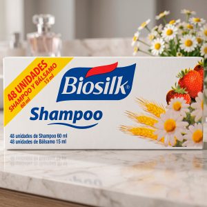 Caja Biosilk-Shampoo 60ml. Y Balsamo Mixto 15 ml , 48 unidades.